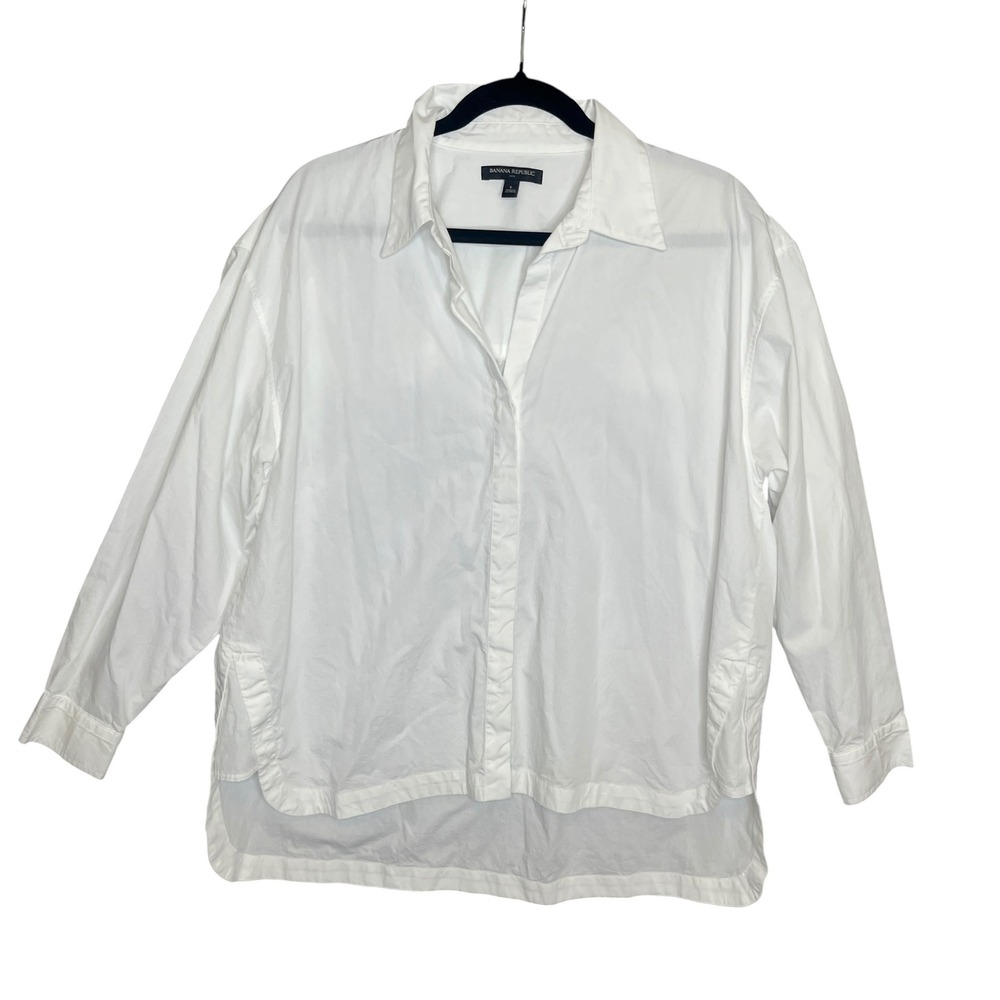 Banana Republic Oversized Poplin Shirt Womens L White Cotton High-Low Minimalist